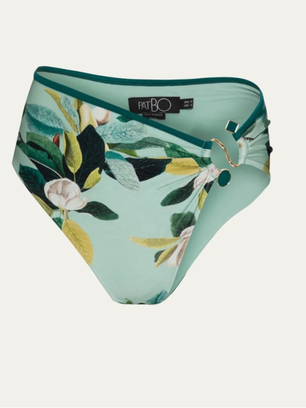 PatBO Mint Floral High-Waist Bikini Brief with Gold Ring